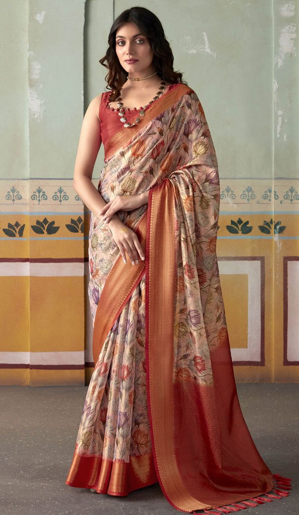 Beautiful Peach Tissue Silk Flower Print Work Party Wear Saree - 8583183140