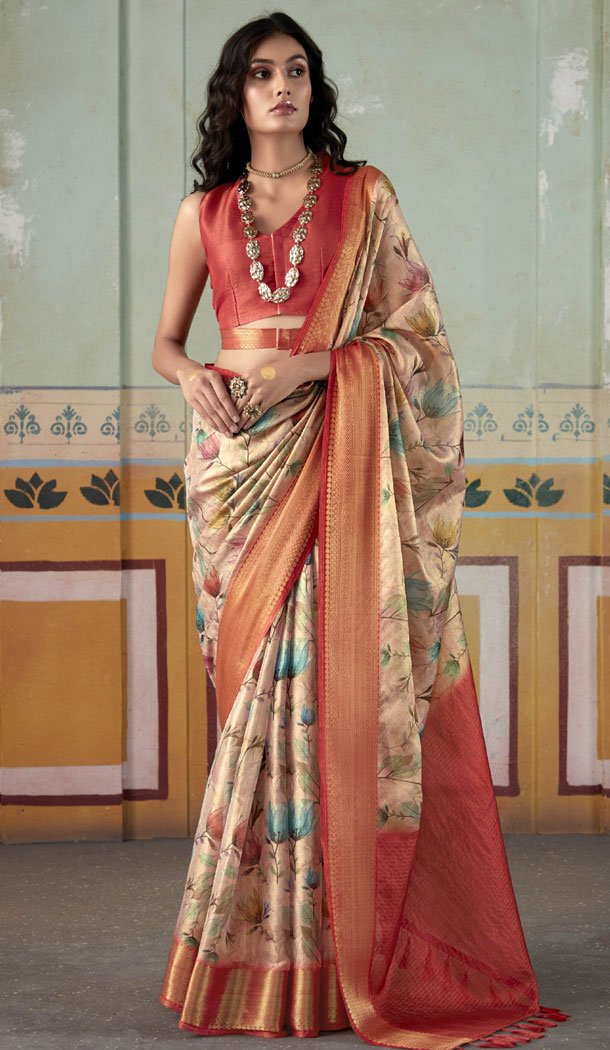 Precious Beige Tissue Silk Flower Print Work Party Wear Saree - 8583183143