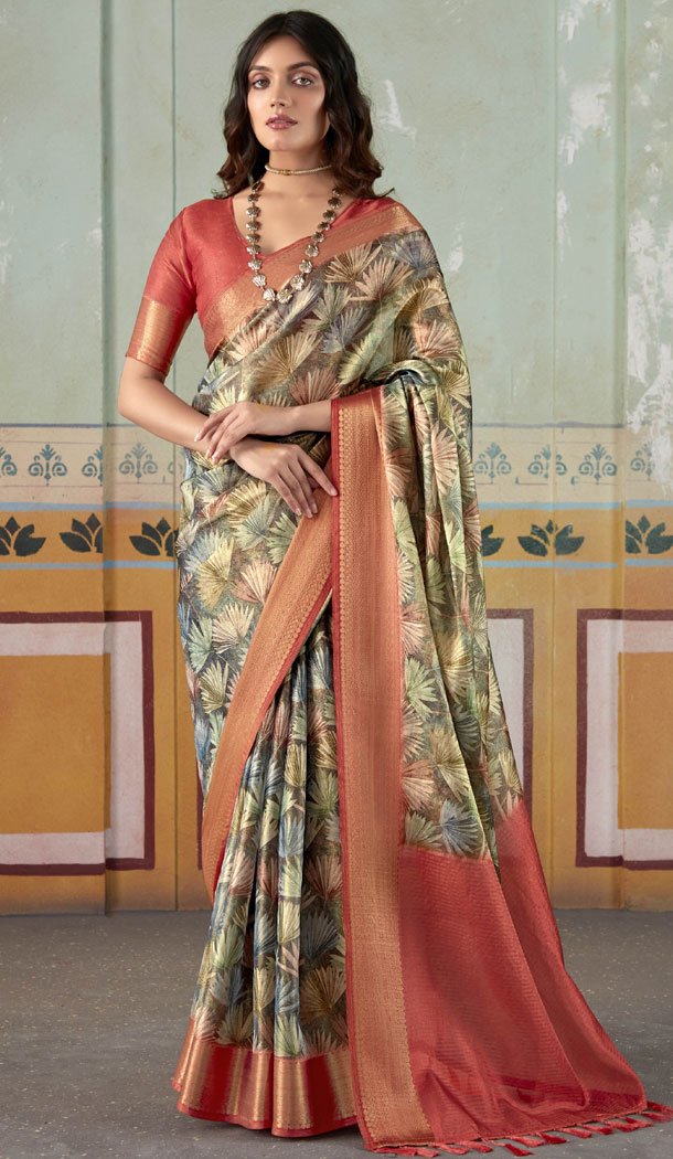 Gorgeous Multi Color Flower Print Work Tissue Silk Party Wear Saree - 8583183144