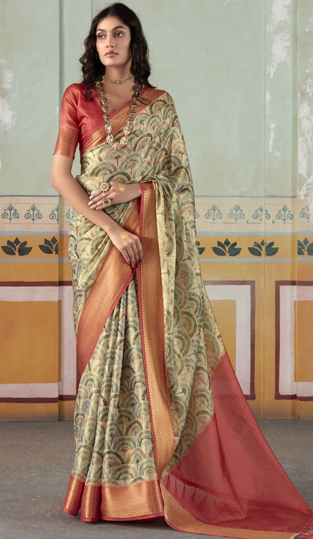 Fabulous Beige Tissue Silk Flower Print Work  Saree - 8583183146