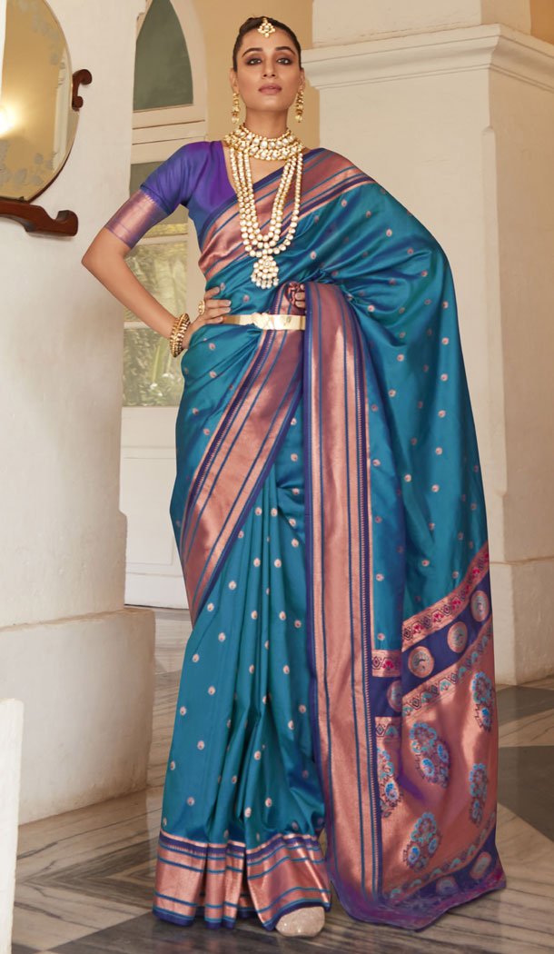 Paithani Silk With Woven Work Traditional Saree In Teal Blue - 8584183148