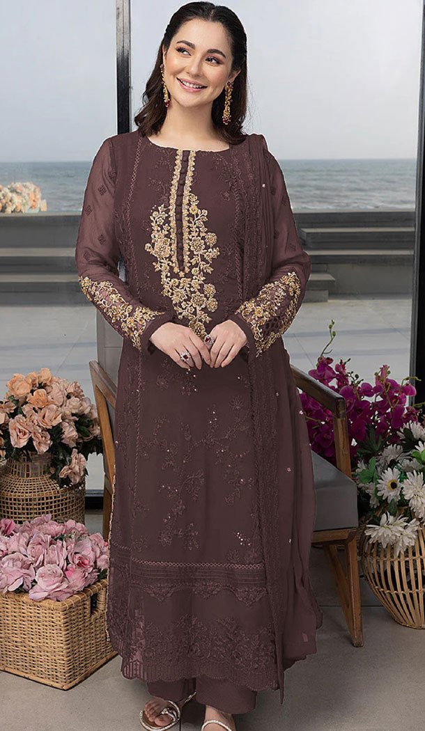 Georgette Mauve Color Embroidery Work Pakistani Salwar Kameez - 8590183189