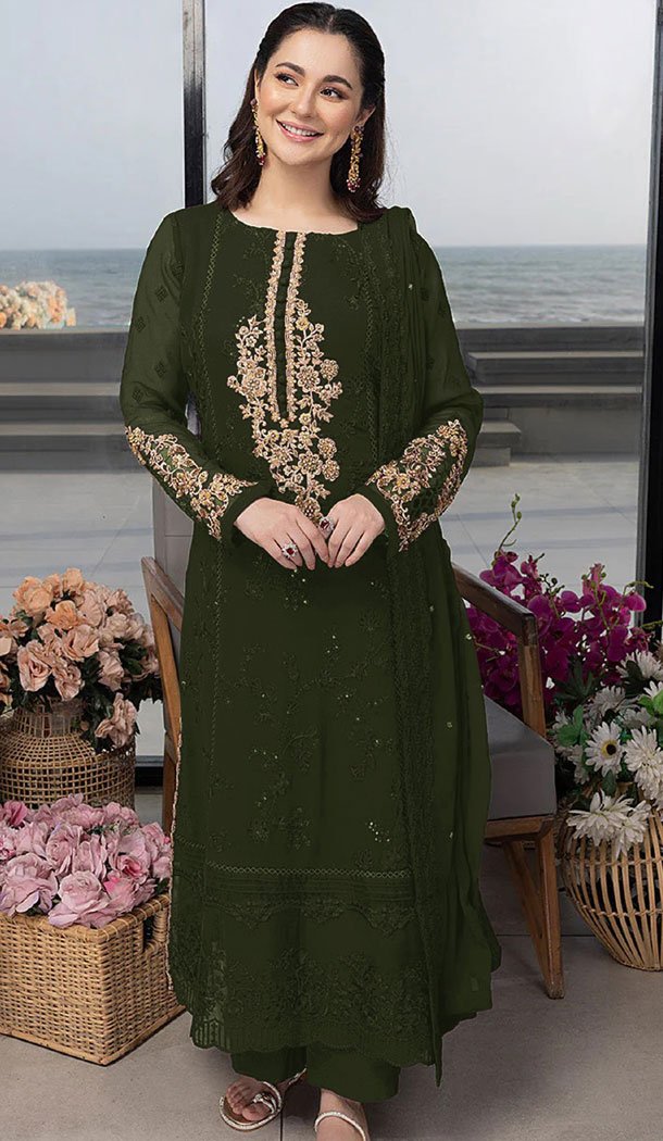Georgette Green Color Embroidery Work Pakistani Salwar Kameez - 8590183190