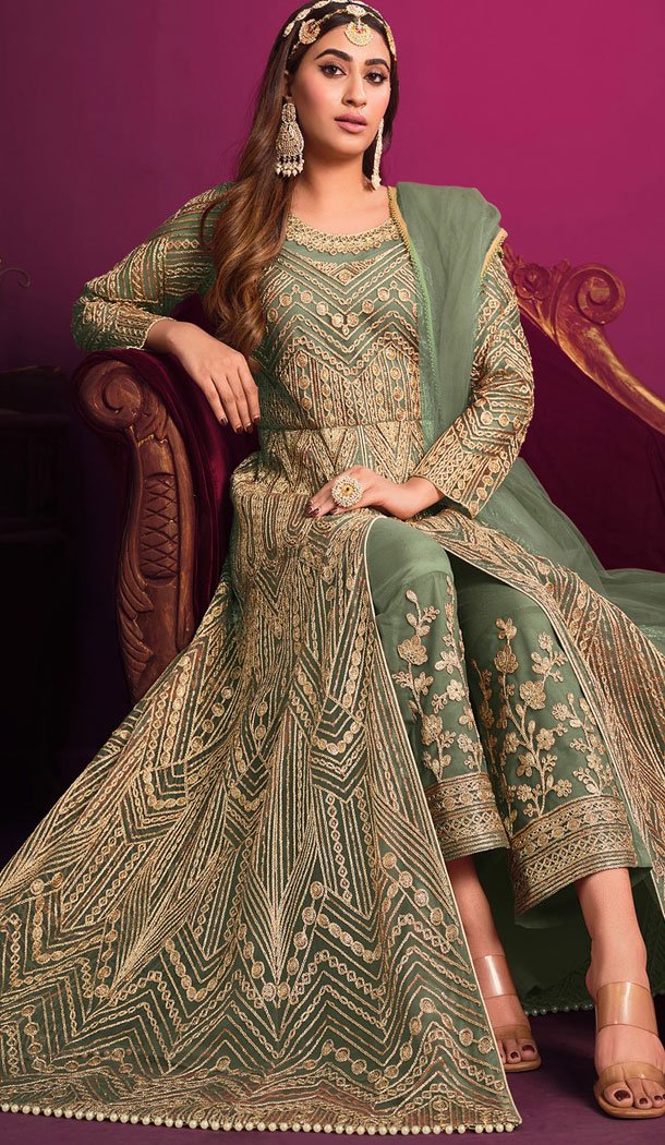 Embroidery Work Green Color Net Pakistani Salwar Suit - 8591183194