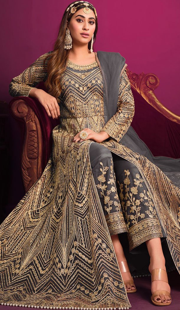 Embroidery Work Grey Color Net Pakistani Salwar Suit - 8591183195