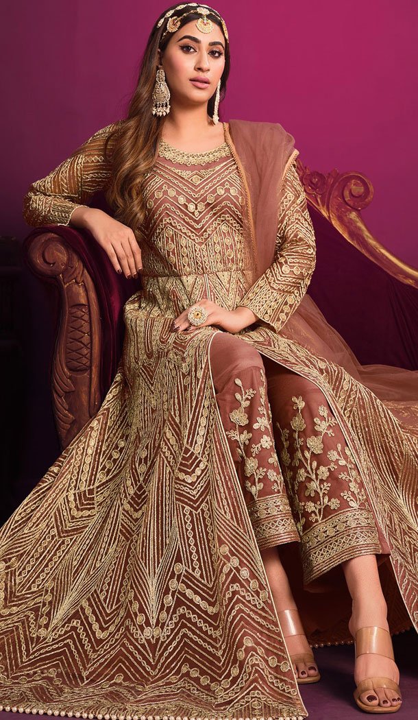 Embroidery Work Mauve Color Net Pakistani Salwar Suit - 8591183196