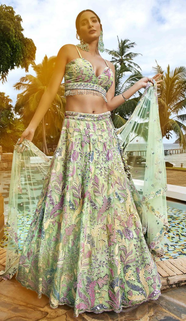 Organza With Embroidery Work Bridal Lehenga Choli In Lime Green - 8593183206