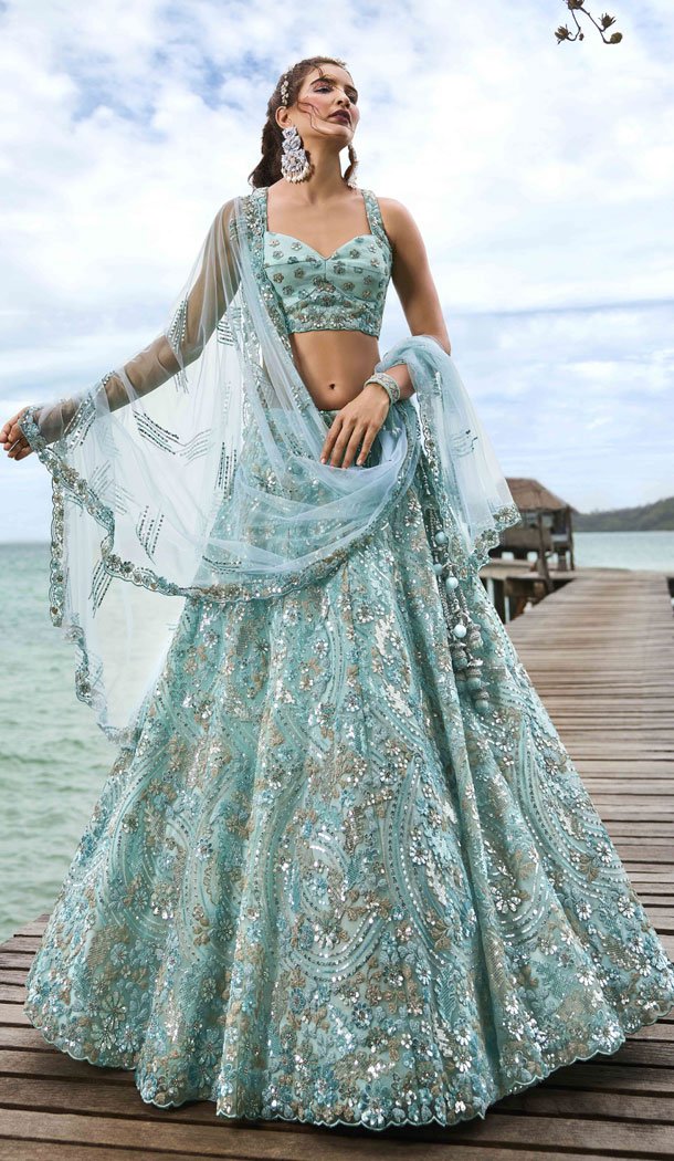 Net With Embroidery Work Bridal Lehenga Choli In Turquoise Blue - 8593183207