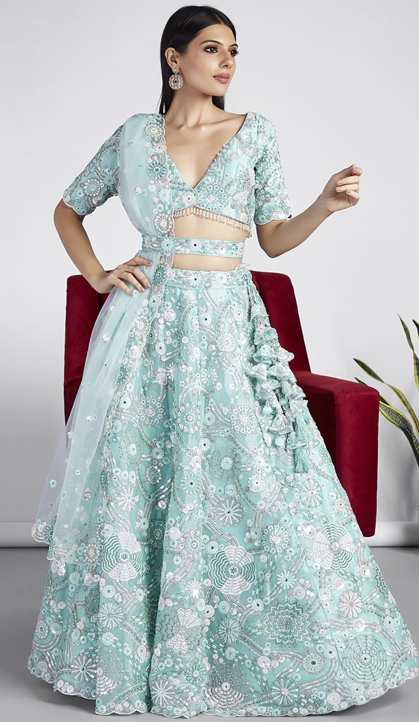 Organza Embroidery Work Turquoise Blue Color Designer Lehenga Choli - 8594183213
