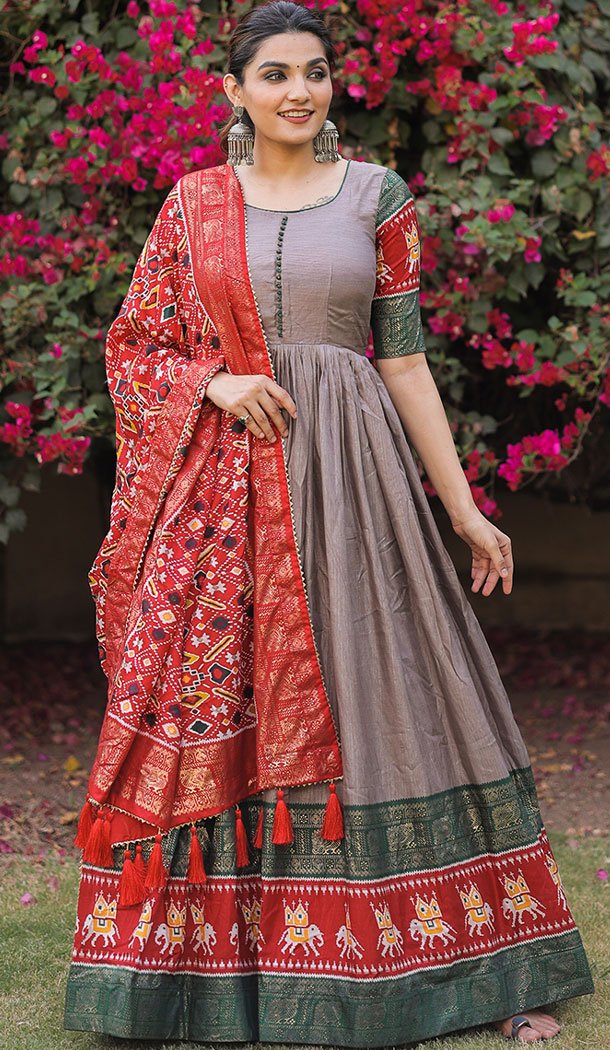 Patola With Foil Print Work Dola Silk Grey Color Gown Suit - 8598183224