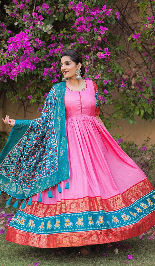 Patola With Foil Print Work Dola Silk Pink Color Gown Suit - 8598183226