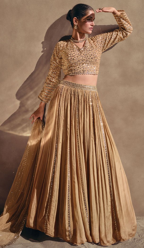 Real Chinon Silk Embroidered Beige Color Designer Lehenga Choli - 8600183230