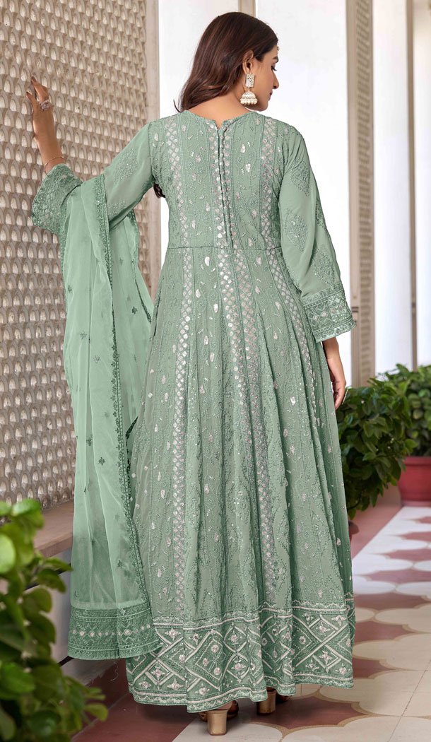 Sea Green Faux Georgette Embroidery Work Designer Salwar Kameez - 8601183232