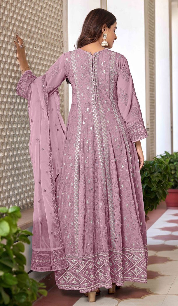 Lavender Faux Georgette Embroidery Work Designer Salwar Kameez - 8601183233