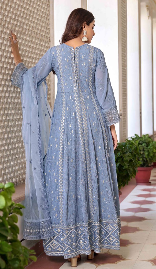 Blue Faux Georgette Embroidery Work Designer Salwar Kameez - 8601183236