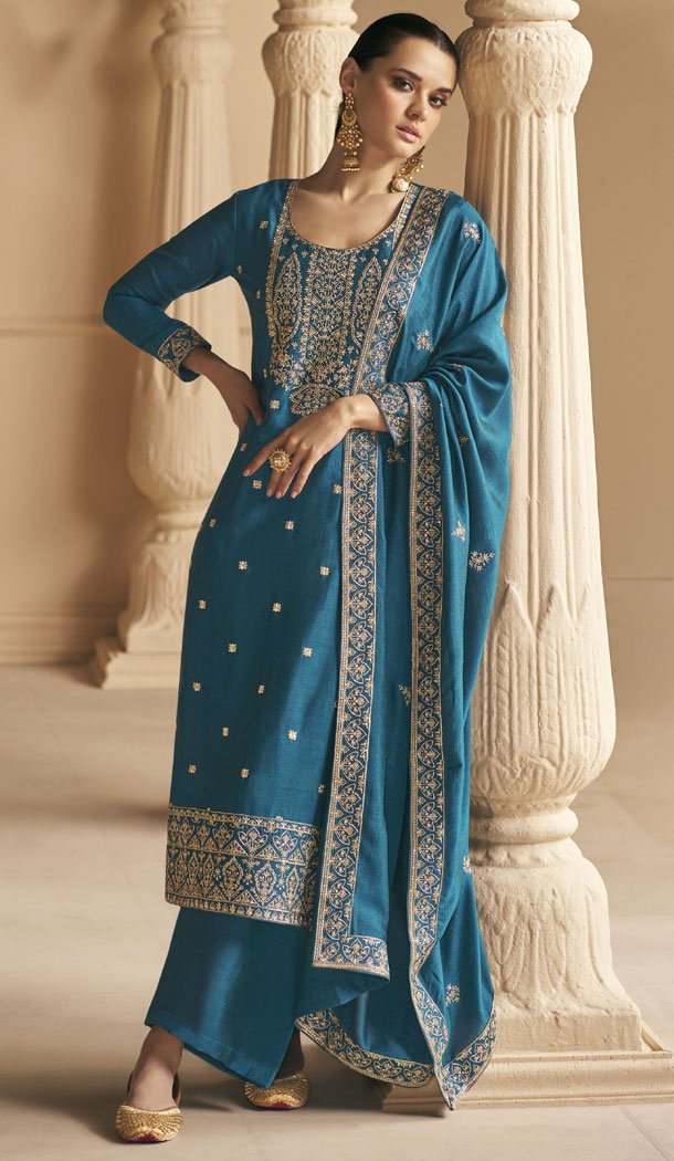 Rama Blue Color Premium Silk Embroidery Work Palazzo Suit - 8602183237
