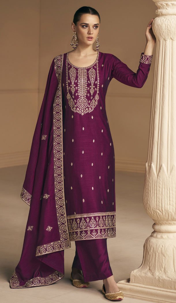 Purple Color Premium Silk Embroidery Work Palazzo Suit - 8602183238
