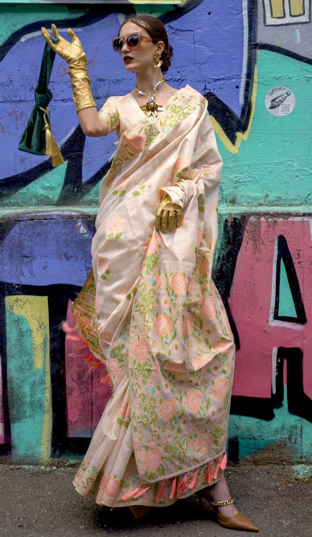 Jacquard Work Cream Color Weaving Silk Indian Saree - 8603183240