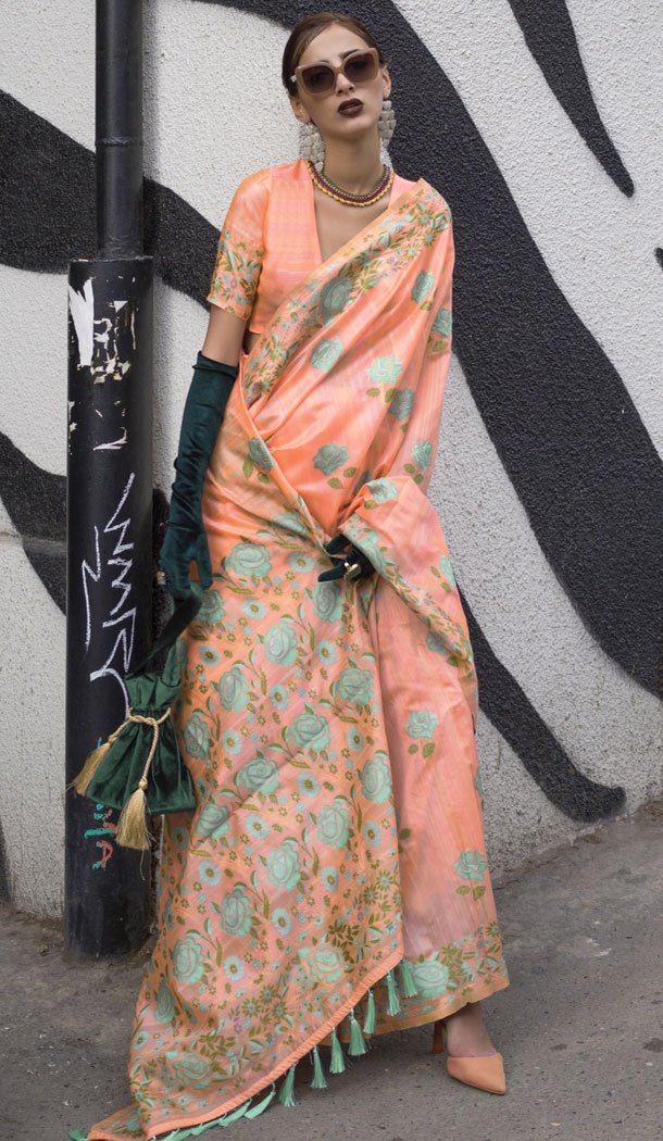 Jacquard Work Peach Color Weaving Silk Indian Saree - 8603183241