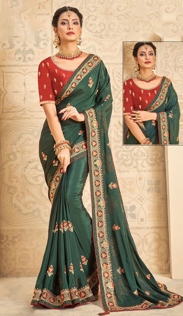 Green Crepe Silk Embroidery Work Traditional Wear Saree - 8604183247