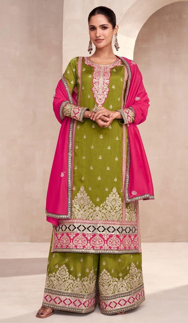 Premium Silk Olive Green Color Embroidery Work Palazzo Suit - 8611183282
