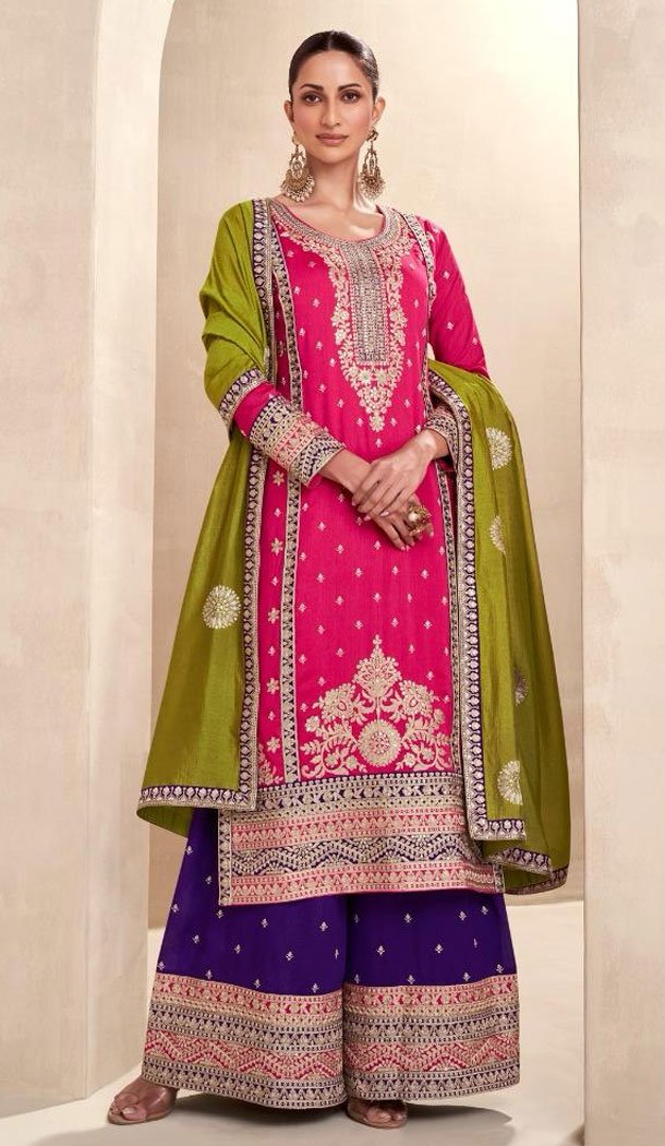 Premium Silk Pink Color Embroidery Work Palazzo Suit - 8611183284