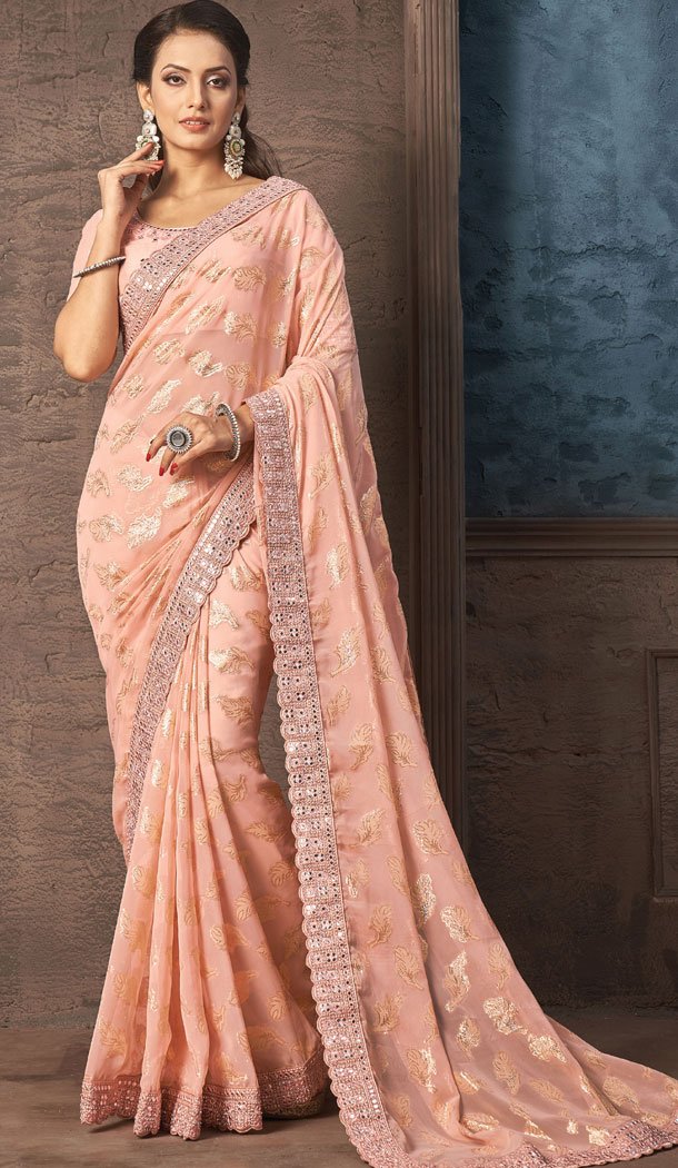 Georgette Embroidery Work Peach Color Indian Saree - 8618183331