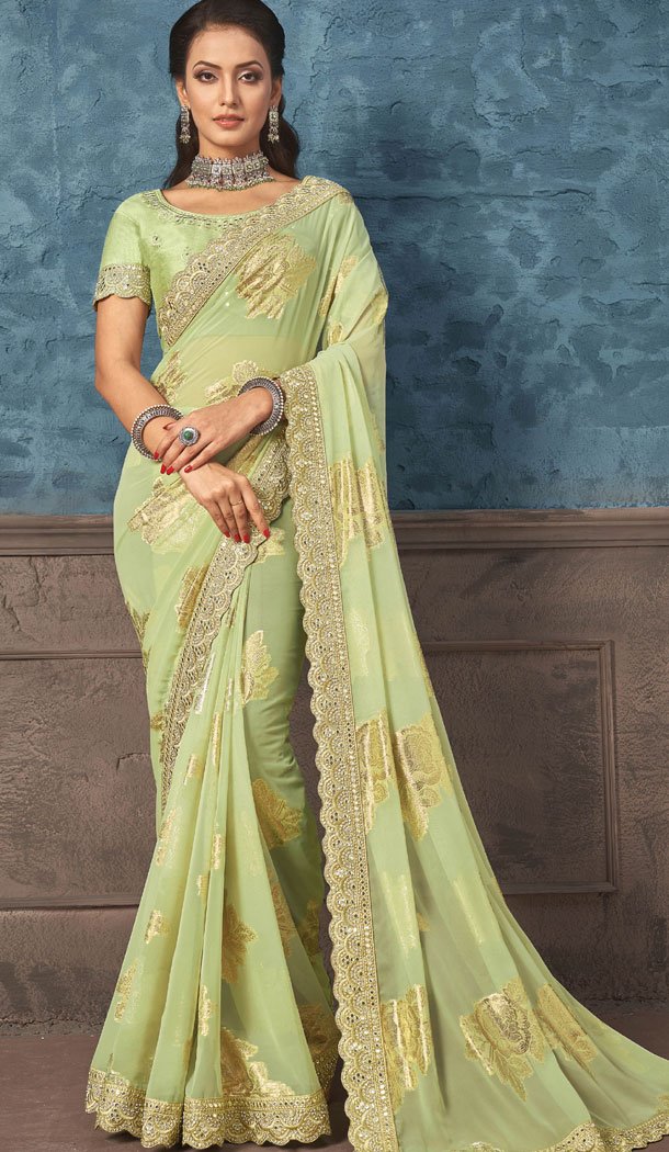Georgette Embroidery Work Pista Green Color Indian Saree - 8618183334