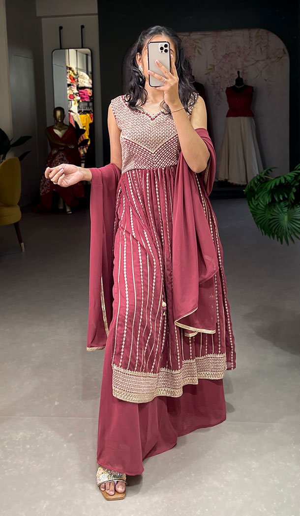 Georgette Pink Color Thread Embroidery Work Palazzo Suit - 8625183364