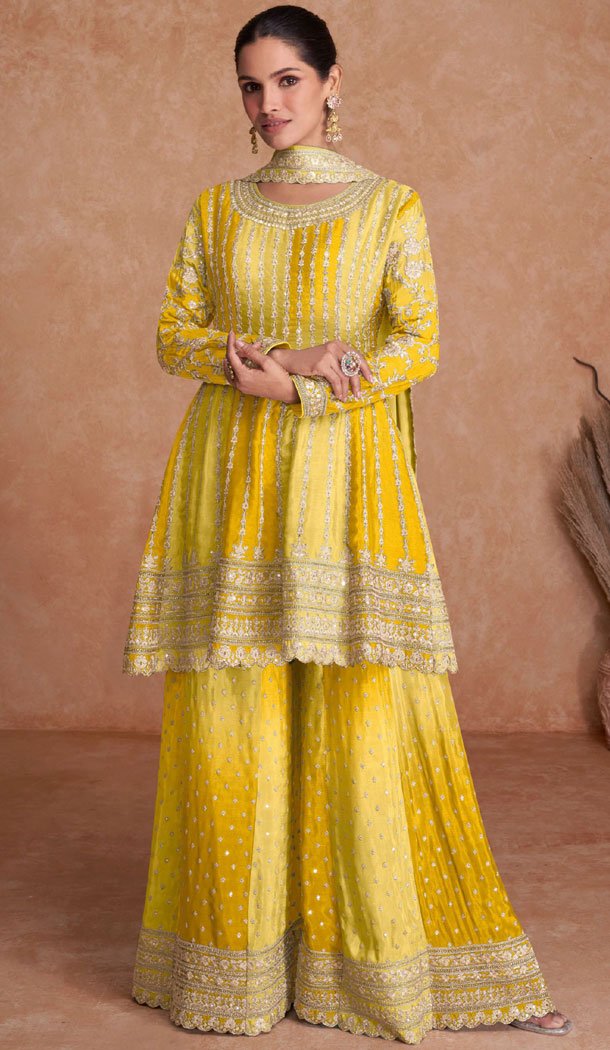 Real Chinon Embroidered Yellow Color Readymade Palazzo Suit - 8627183374