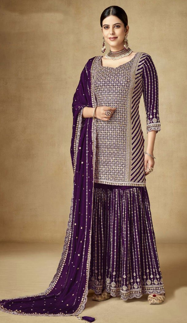 Chinon Sequins Embroidery Work Pakistani Sharara Suit In Wine - 8659183557
