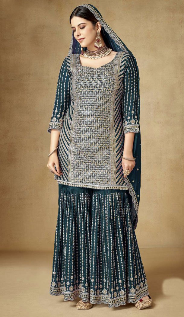 Chinon Sequins Embroidery Work Pakistani Sharara Suit In Green - 8659183558