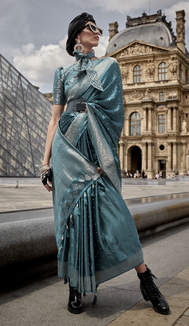 Weaving Work Satin Silk Rama Blue Color Traditional Saree - 8661183569