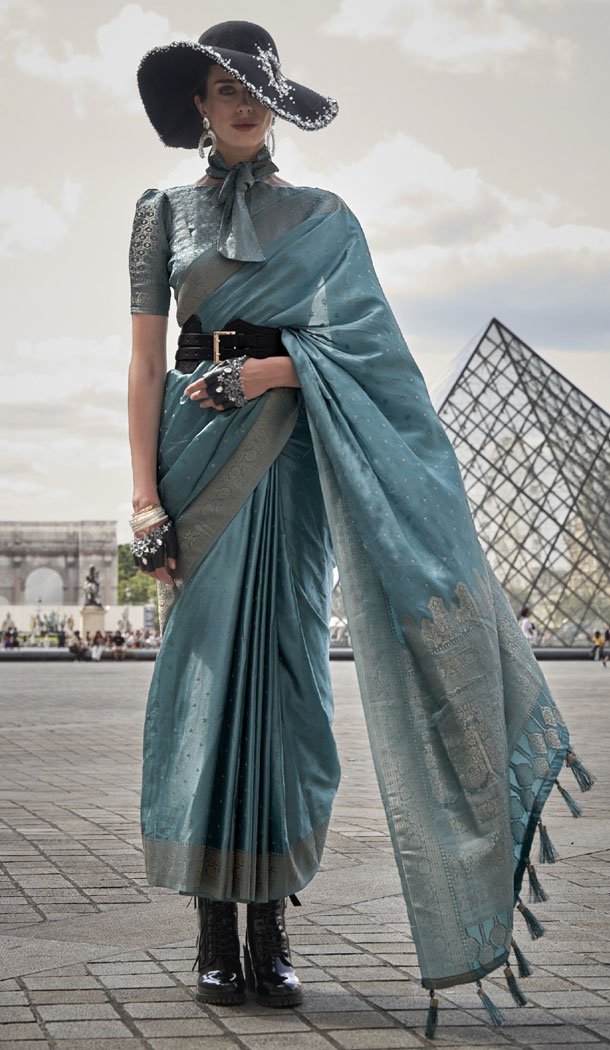 Blue Color Weaving Work Satin Silk Traditional Saree - 8661183573