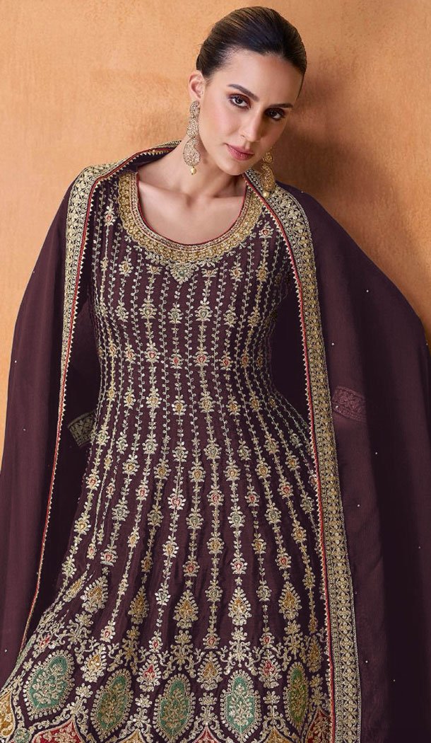 Embroidery Work Georgette Pakistani Wine Designer Sharara Suit - 8687183699