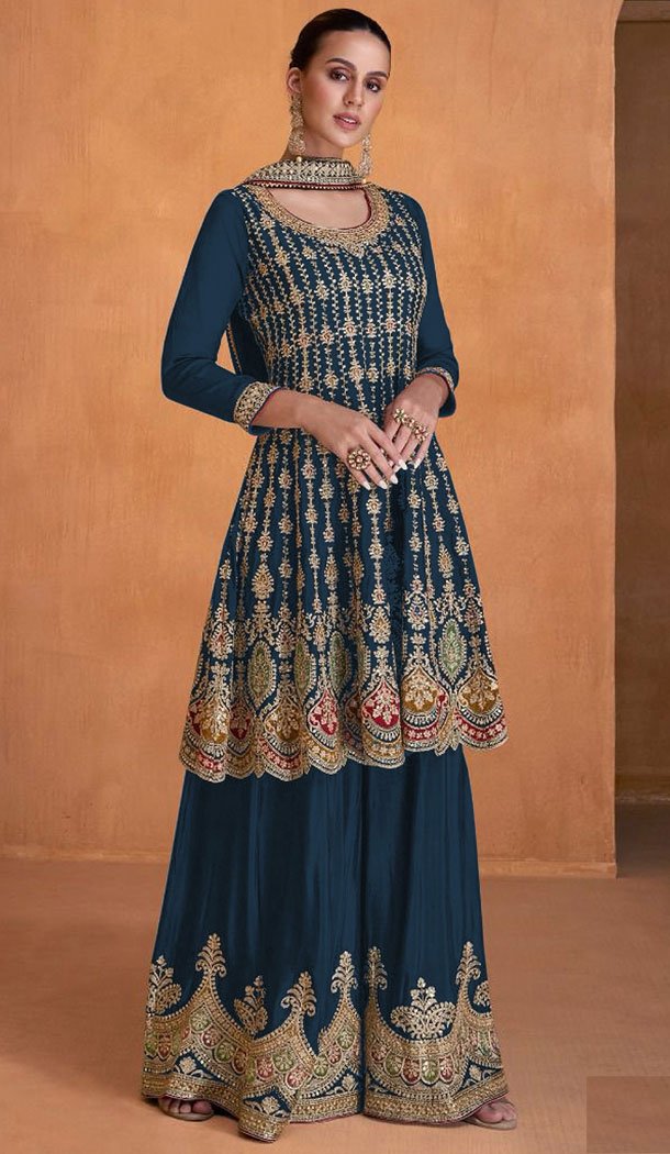 Embroidery Work Georgette Pakistani Aqua Blue Designer Sharara Suit - 8687183700