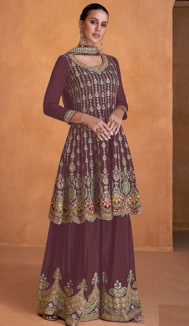 Embroidery Work Georgette Pakistani Purple Designer Sharara Suit - 8687183701