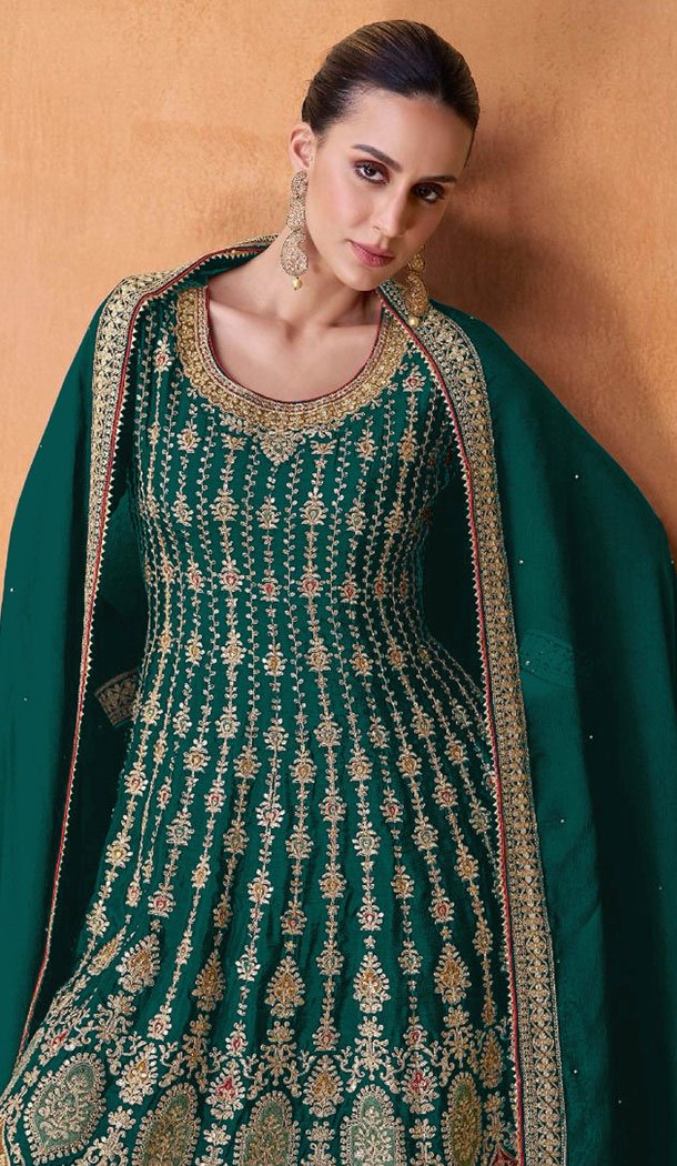 Embroidery Work Georgette Pakistani Teal Green Designer Sharara Suit - 8687183702