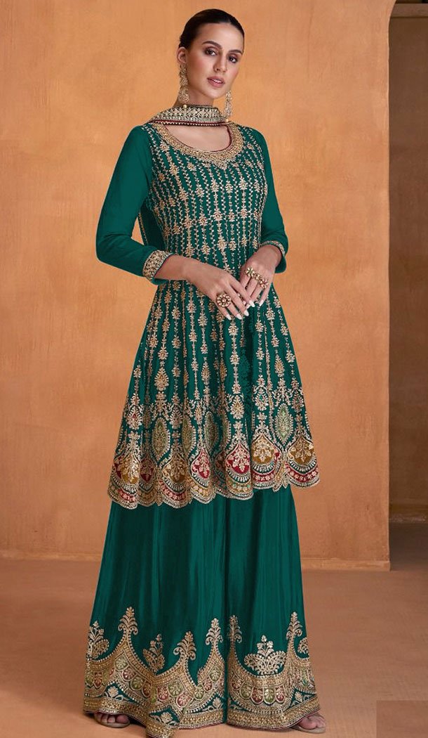 Embroidery Work Georgette Pakistani Teal Green Designer Sharara Suit - 8687183702