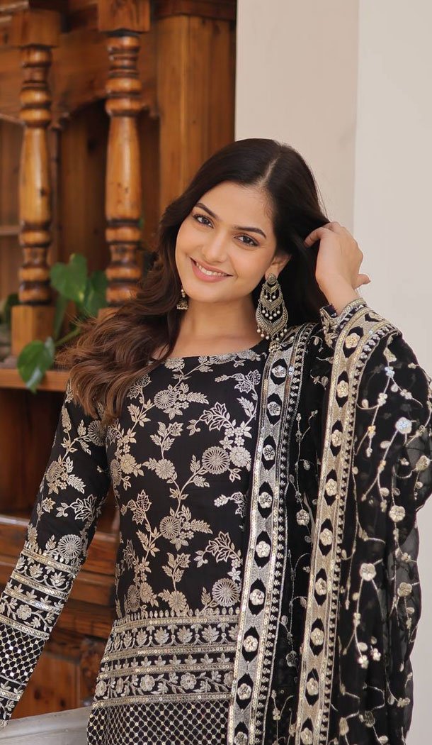 Viscose Jacquard Zari Embroidery Work Readymade Sharara Suit In Black - 8693183726