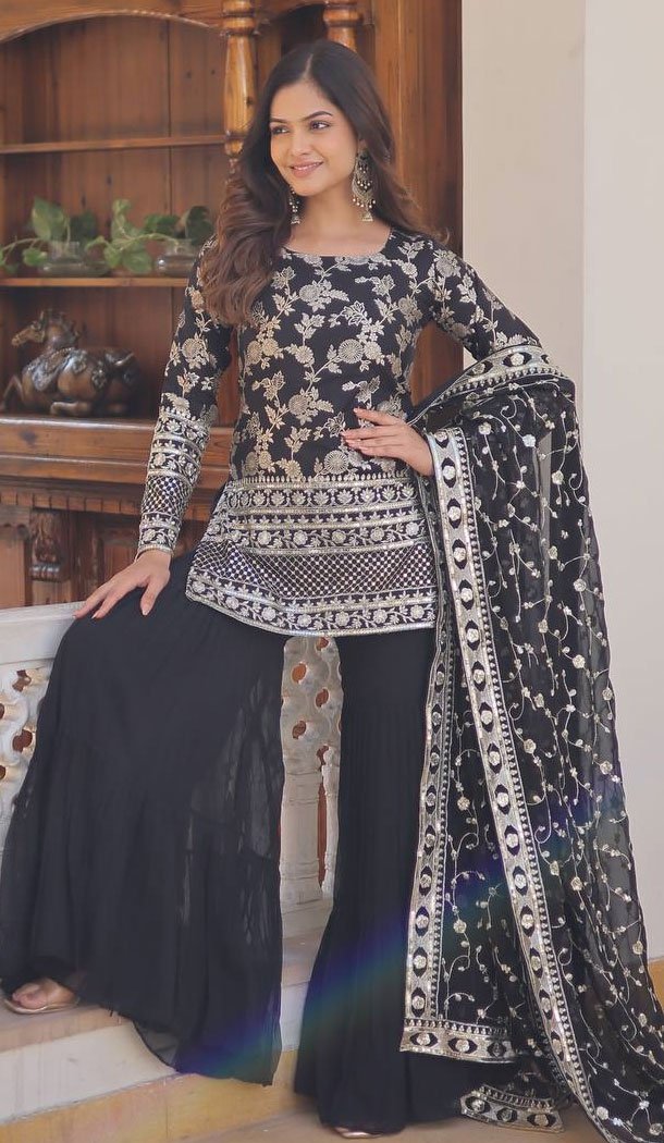 Viscose Jacquard Zari Embroidery Work Readymade Sharara Suit In Black - 8693183726
