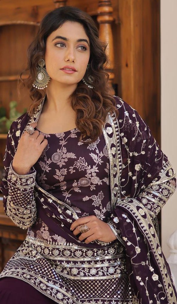 Viscose Jacquard Zari Embroidery Work Readymade Sharara Suit In Purple - 8693183727