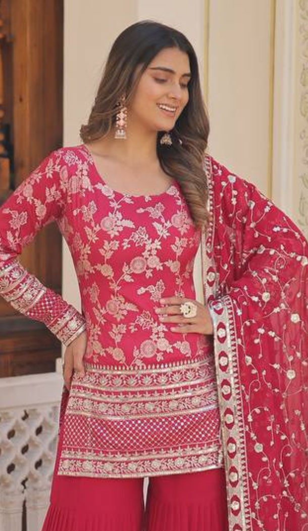 Viscose Jacquard Zari Embroidery Work Readymade Sharara Suit In Rani Pink - 8693183728