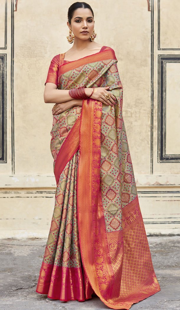 Pattu Silk Zari Weaving Work Multi Color Indian Saree - 8706183827