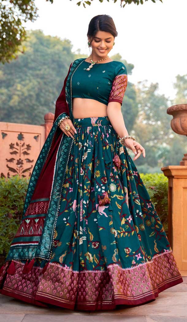 Tussar Silk Foil Print Work Navratri Wear Chaniya Choli in Teal Blue -8731183958