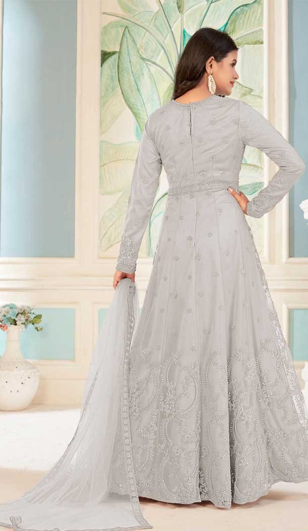 Net Embroidered Work Pakistani Anarkali Salwar Suit in Light Grey -8741183978