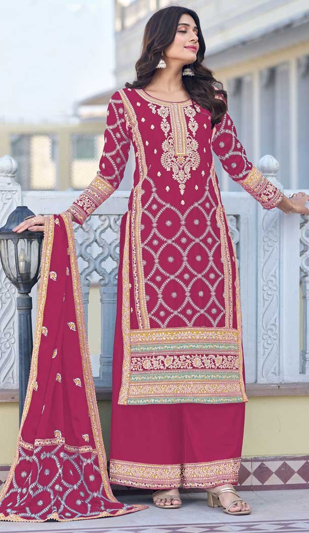 Rani Pink Color Chinon Silk Embroidered Work Pakistani Palazzo Suit -8744183990