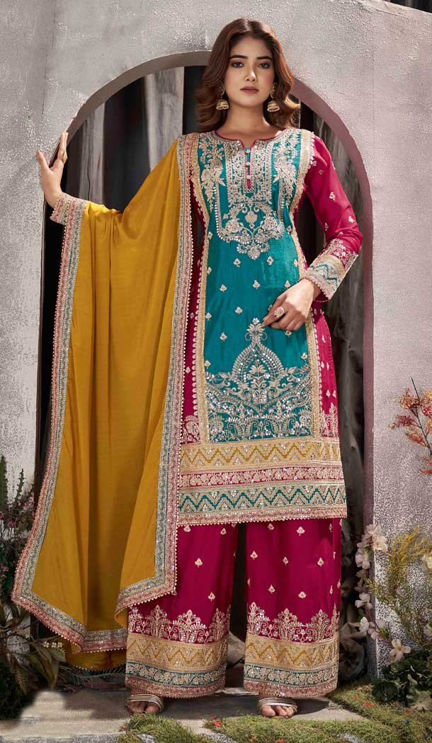 Chinnon Embroidery Work Pakistani Palazzo Suit in Teal Blue -8747184001