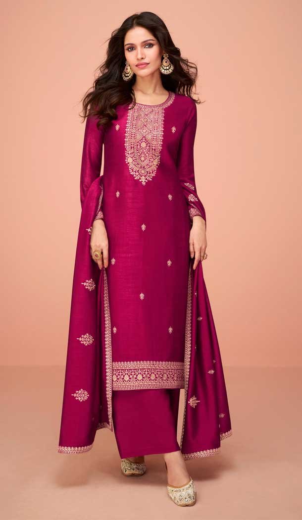 Premium Silk Embroidery Work Party Wear Palazzo Suit in Magenta -8875184614