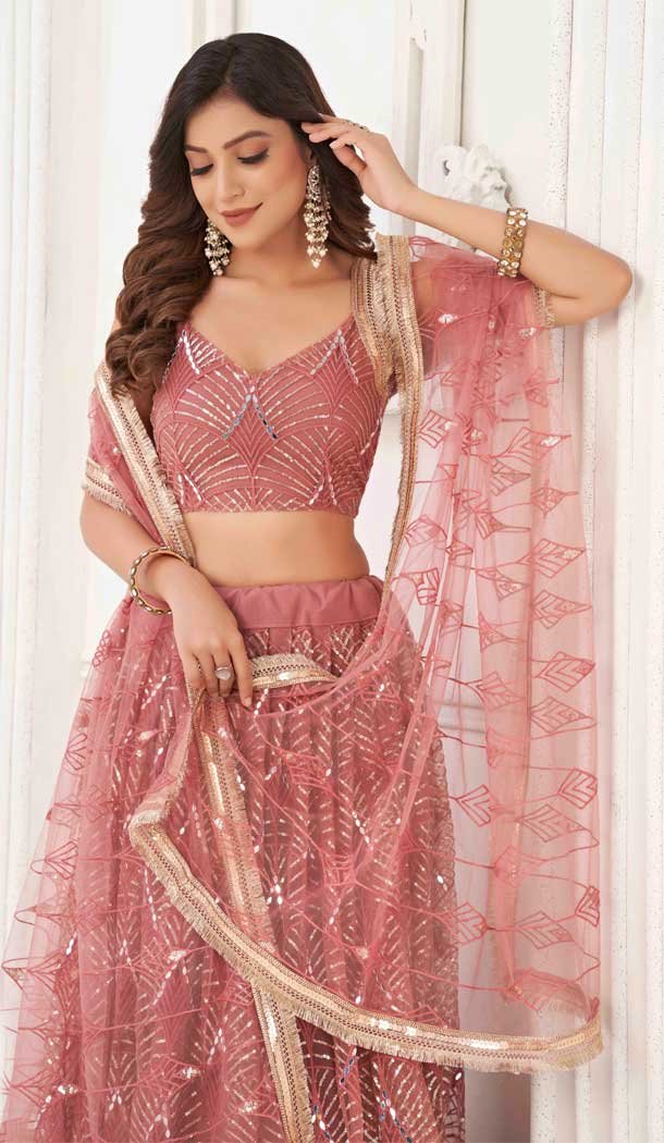 Butterfly Net Sequence Embroidery Work Designer Lehenga in Pink -8887184657